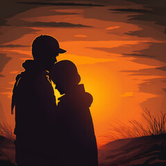 Wall Mural - Couple embraced at sunset. Generative AI.