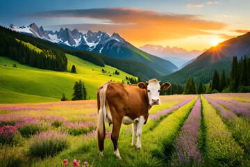 art cow grazing in a mountain meadow