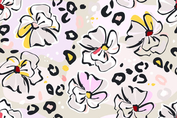 Botanical background of abstract flowers and spots of leopard skin. Hand drawn seamless pattern summer floral background. Sketchy drawing of black outlines and white and pink-orange strokes. 