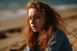 young woman or teenager with confused or negatively bad facial expression and mood, on the beach, fictional place. Generative AI