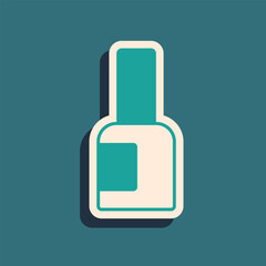 Poster - Green Bottle of nail polish icon isolated on green background. Long shadow style. Vector