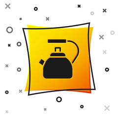 Poster - Black Kettle with handle icon isolated on white background. Teapot icon. Yellow square button. Vector