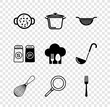 Set Cooking soup in pot, Kitchen colander, whisk, Frying pan, Fork, Salt pepper and Chef hat with fork spoon icon. Vector