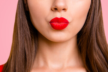 Sticker - Close up half face portrait of young woman with red lips sand a kiss isolated on bright yellow background