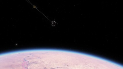 Wall Mural - spacecraft flies over the atmosphere of an exoplanet in another solar system. a geologically active 