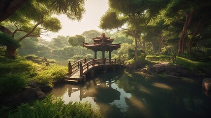 Poster -  a small bridge over a small pond in a park with trees.  generative ai