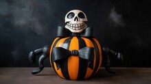  A Pumpkin With A Skeleton Face And Bow Tie On It.  Generative Ai