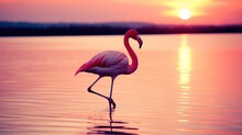  A Pink Flamingo Standing In The Water At Sunset Or Dawn.  Generative Ai