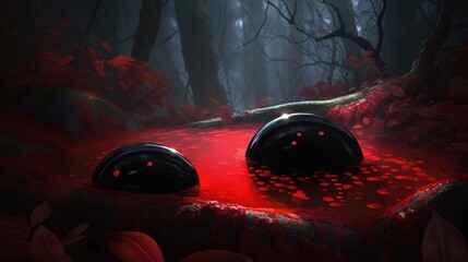  a painting of two rocks in a forest with red light coming from them.  generative ai