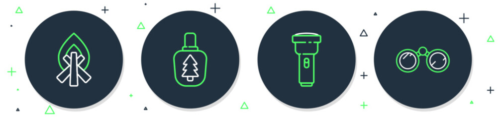 Sticker - Set line Canteen water bottle, Flashlight, Campfire and Binoculars icon. Vector