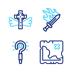 Sticker - Set line Pirate treasure map, Magic wand, Sword for game and Christian cross icon. Vector