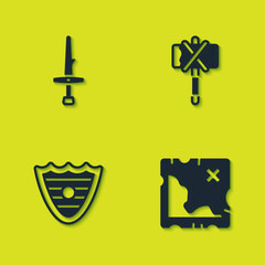 Poster - Set Dagger, Pirate treasure map, Shield and Medieval axe icon. Vector