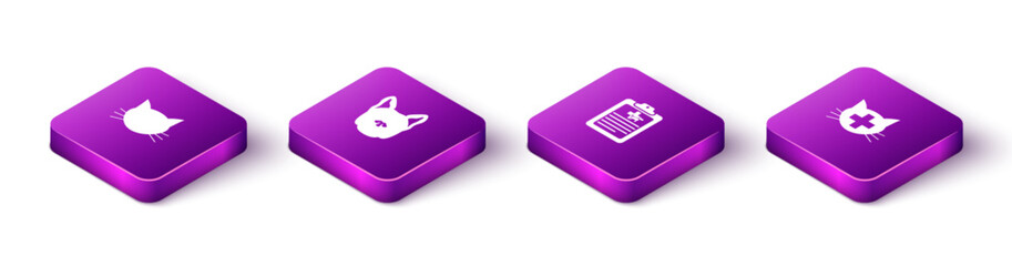 Sticker - Set Isometric Cat, Dog, Clinical record pet and Veterinary clinic icon. Vector