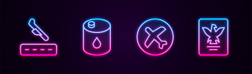 Canvas Print - Set line Plane landing, Barrel oil, and Passport. Glowing neon icon. Vector