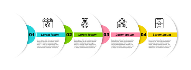 Poster - Set line Football or soccer calendar, medal, Sport mechanical scoreboard and field. Business infographic template. Vector