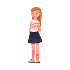 Sticker - Happy Smiling Girl Character Standing Looking Ahead Vector Illustration