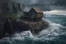 Old Fisherman House On A Coastal Rocky Cliffs Created With Generative AI Technology.