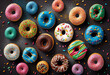 Donuts with pink, chocolate, lemon, blue mint glaze on darkbackground. colored sprinkles. Seamless . High quality photo