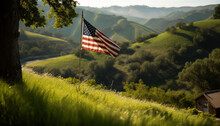 Rural Scene, American Flag, Majestic Mountain Range Generated By AI