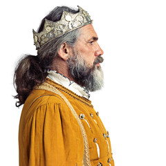 King, crown and man in royal profile isolated, transparent and png background for theatre, drama and rehearsal. Medieval, fashion and power in vintage, classic and royalty aesthetic of male model