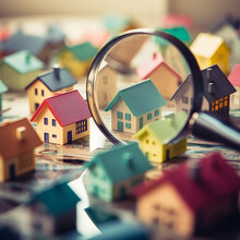 House, Private Village And Magnifying Glass..