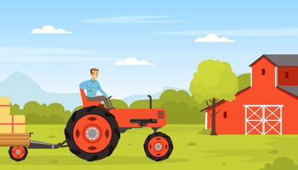 Sticker - Happy Man Farmer Driving Tractor with Hay Bale Vector Illustration