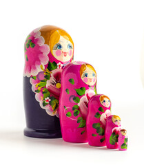 Wall Mural - Russian Matryoshka Dolls in different sizes. Traditional Matryoshka set in a row. Set of wooden toys on white background.