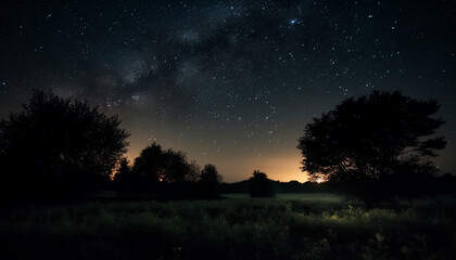 Wall Mural - Starry sky illuminates mountain silhouette in tranquil nature generated by AI