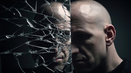 Wall Mural - A sad bald man reflecting in a broken mirror. AI generative image.