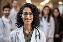 Group Portrait Photography Of A Cheerful Doctor In Her 40s Wearing A Scrub Or Lab Coat With Patients Of Various Ages Genders And Ethnicities. Generative AI