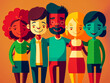 © XaMaps - Image of a group of smiling co-workers holding each other's arms, simple and childlike style, bright colors, conveying a feeling of warmth and positivity. Generative AI
