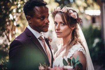 Interracial couple wedding portrait. Generative AI