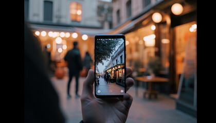 Sticker - Men and women photograph city life at dusk generated by AI