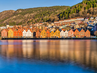 Poster - Long exposure shot of Bryggen colorful wooden buildings, Bergen old wharf, Norway