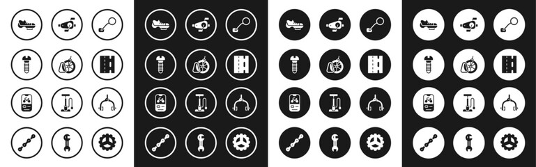 Poster - Set Bicycle rear view mirror, parking, Metallic screw, shoes, lane, pedals, brake calipers and rental mobile app icon. Vector