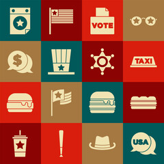 Sticker - Set USA Independence day, Sandwich, Taxi car roof, Vote box, Patriotic American top hat, Coin money with dollar, Calendar date July 4 and Hexagram sheriff icon. Vector