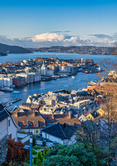 Poster - Aerial shot of Bergen city during sunset on a beautiful winter day, Norway