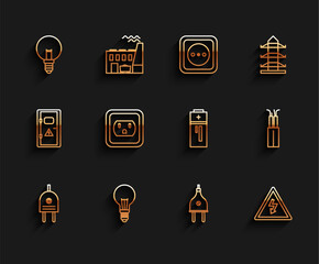 Sticker - Set line Electric plug, Light bulb with concept of idea, High voltage sign, Electrical outlet in the USA, cable and Battery icon. Vector