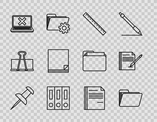 Wall Mural - Set line Push pin, Document folder, Ruler, Office folders with papers and documents, Laptop cross mark on screen, File, and Blank notebook pen icon. Vector