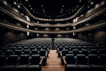 A large auditorium with rows of empty seats