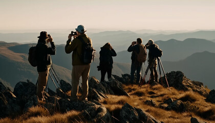 Sticker - Young adults hiking mountain peak, photographing nature generated by AI