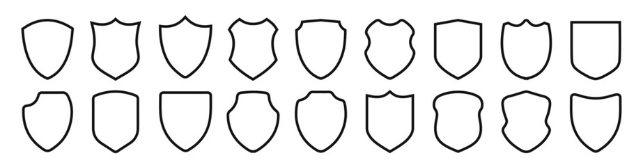 Wall Mural - Black Shield frame set. Collection of shield signs vector template. Empty outline icons. Logo design set, flat style vector illustration