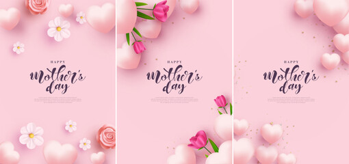 poster design set, mothers day illustration, with pink love balloons and beautiful pink flowers. pre