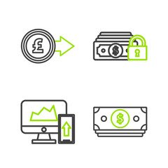 Sticker - Set line Stacks paper money cash, Financial chart or graph the computer monitor and mobile phone, Money with lock and Coin pound sterling symbol icon. Vector