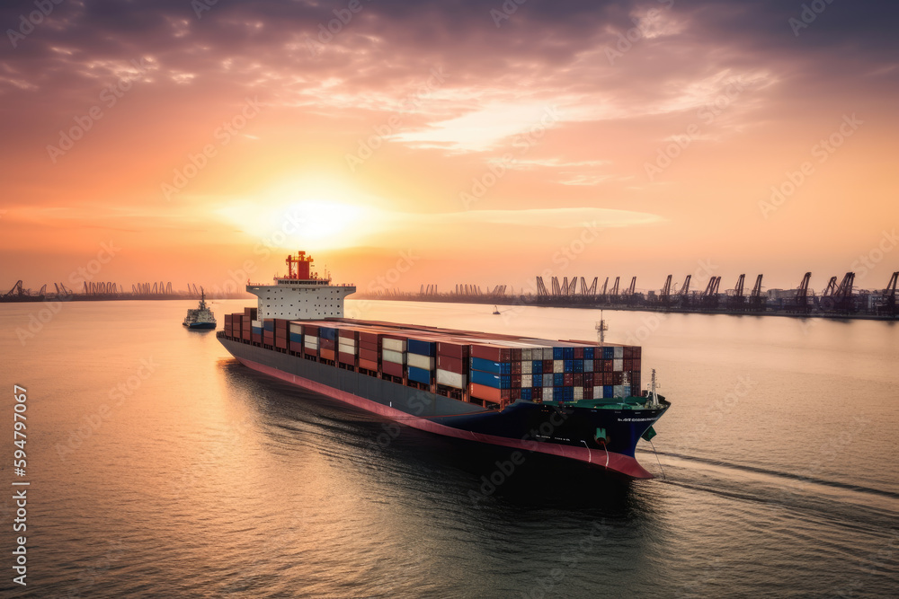 Container ship carrying container box in import export with quay crane ...