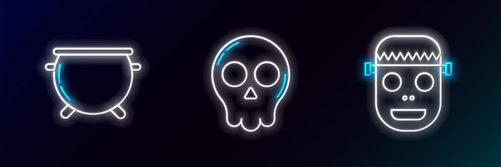 Poster - Set line Zombie mask, Halloween witch cauldron and Skull icon. Glowing neon. Vector