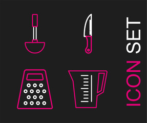 Wall Mural - Set line Measuring cup, Grater, Knife and Kitchen ladle icon. Vector