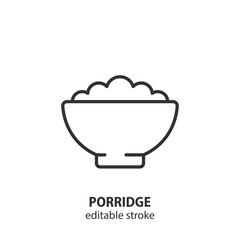 Porridge bowl line icon. Plate of oatmeal. Breakfast vector outline illustration. Editable stroke.