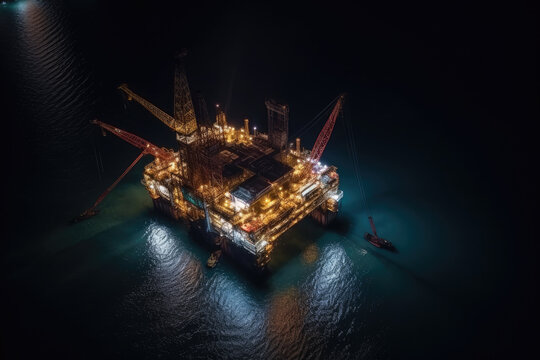 Aerial view construction offshore jack up rig drill at night, Offshore crane crude oil rig drilling platform
