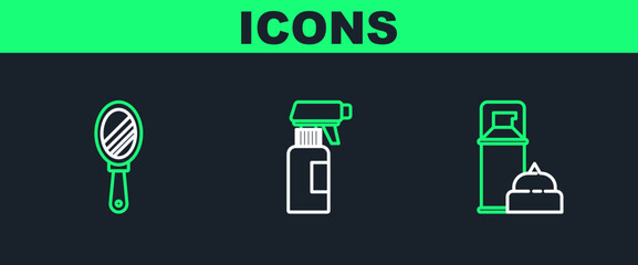 Sticker - Set line Shaving gel foam, Hand mirror and Hairdresser pistol spray bottle icon. Vector